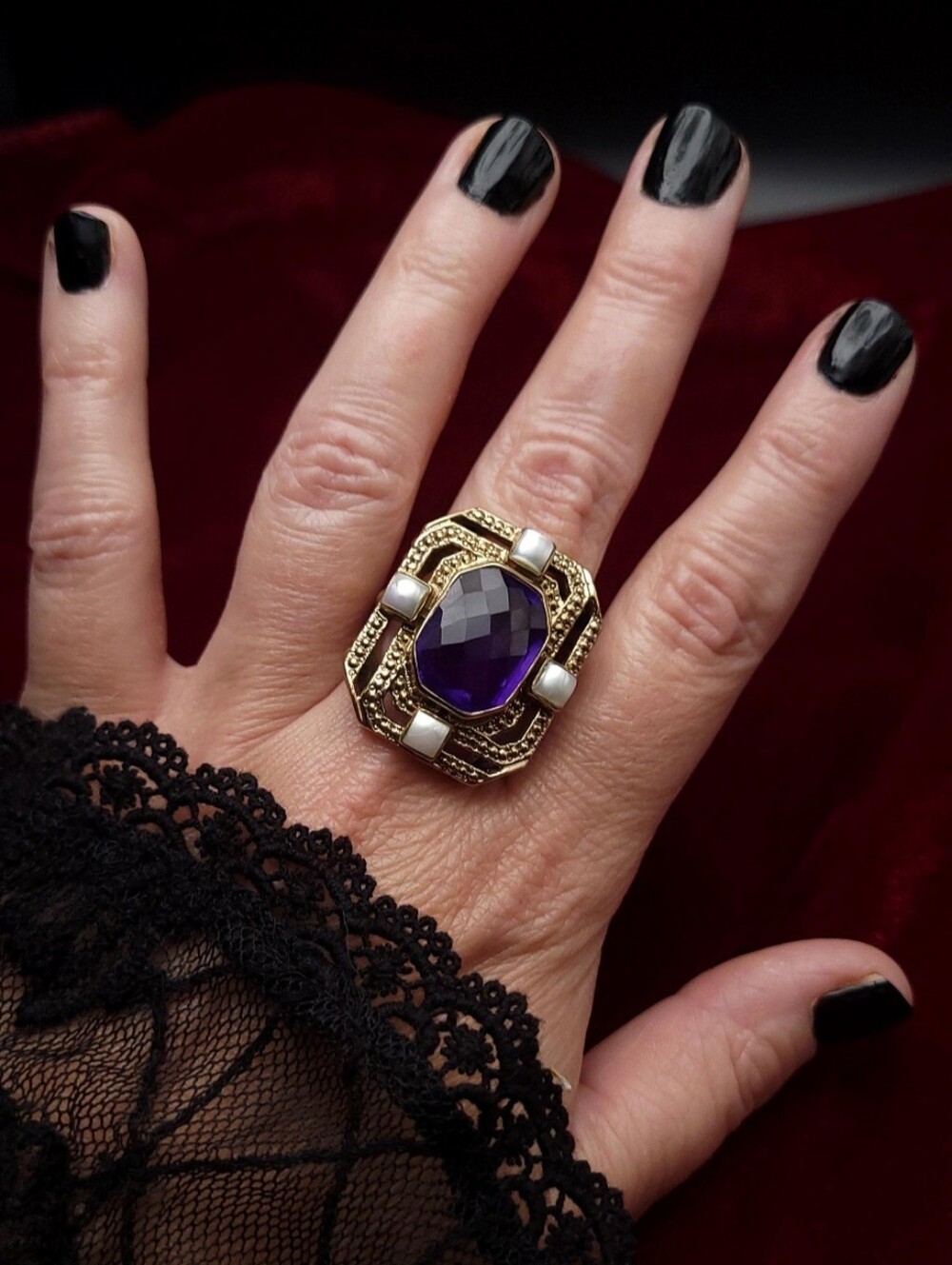 NICKY BUTLER Designer Bronze Huge Purple Quartz Ladies NB Ring Size 7 Pearl NWT